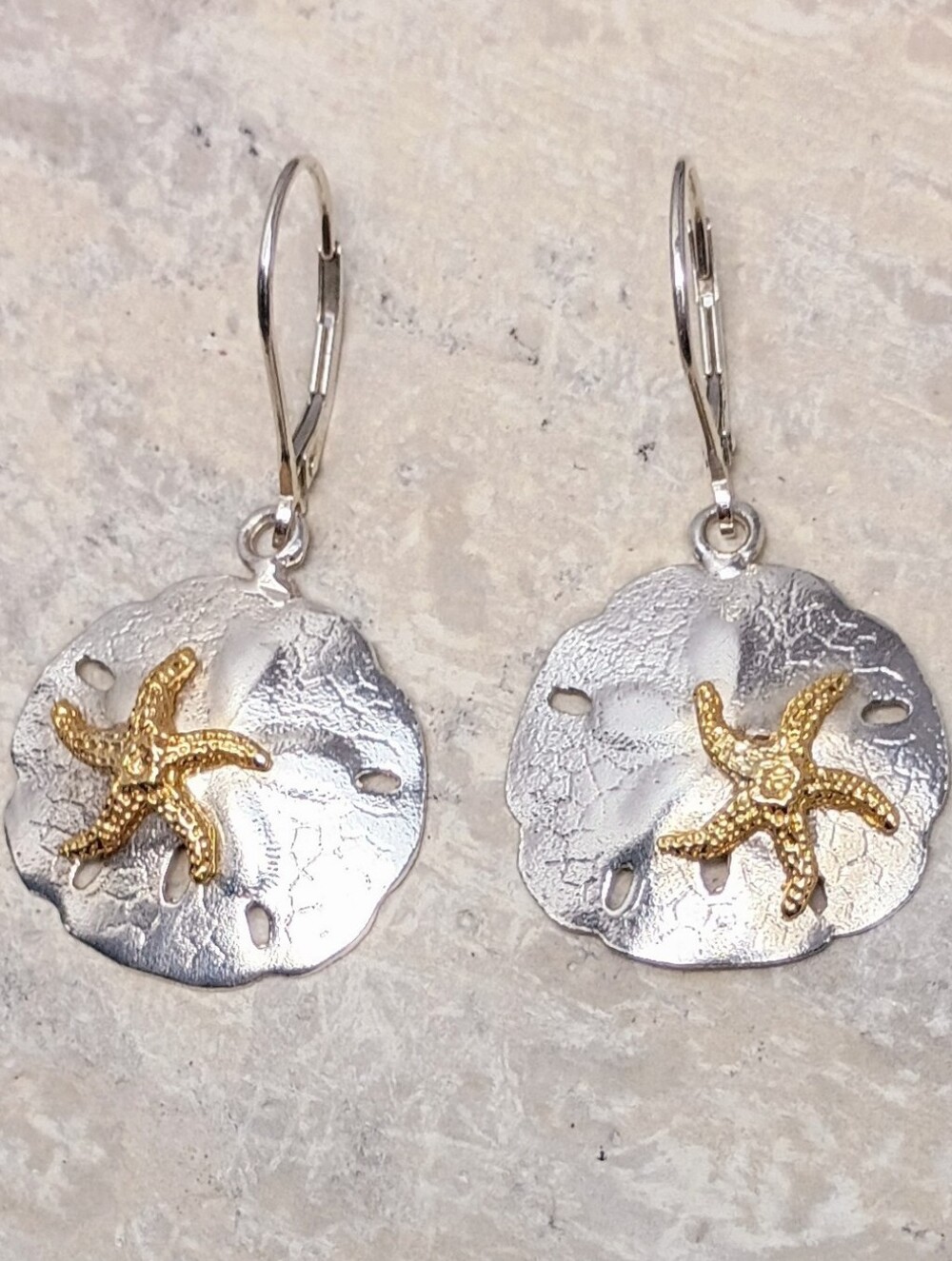 Gold Vermeil Sterling Silver Starfish Sand Dollar Leverback Dangle Earrings